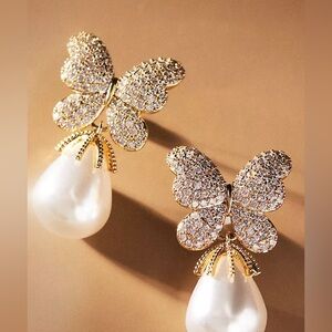 Anthropologie Earrings Pave Butterfly Pearl Drop By Maddie Lantana NWT